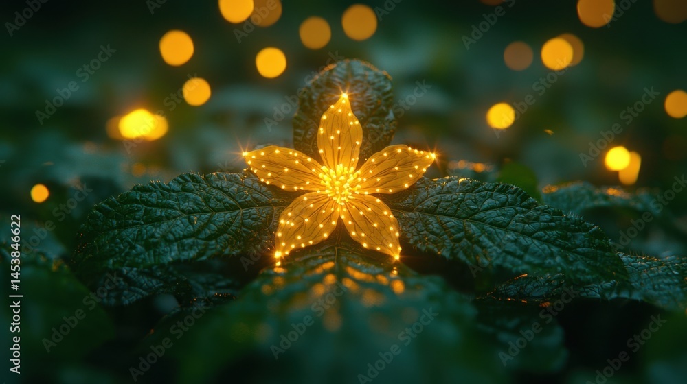 Poster delicate leaf illuminated by glowing lights in the background creating a magical and enchanting atmo
