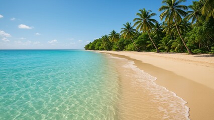 Crystal-clear turquoise water gently laps the sandy shore of a tropical beach lined with lush palm trees, creating a serene and idyllic paradise