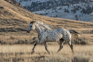 Appaloosa horse with spotted coat running in open pasture