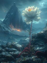 Luminous white flower blooms amidst a dark, volcanic landscape. Dramatic mountains and fiery depths create a striking, otherworldly scene