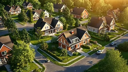 Aerial Footage of a Serene Suburban Neighborhood with Lush Greenery and Beautiful Homes