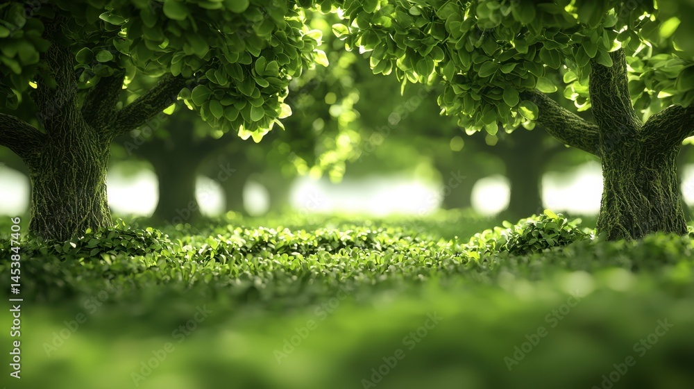 Poster majestic tree surrounded by lush greenery in a serene park setting with enchanting elements of natur