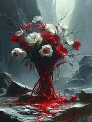 A dark, haunting bouquet of red and white roses sprouts from a twisted, root-like structure amidst a snowy, desolate landscape