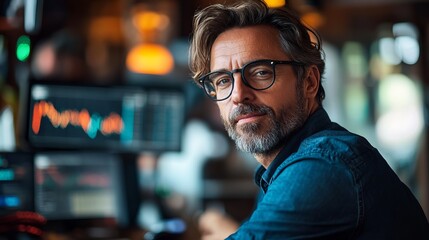 Obraz premium Thoughtful Man with Glasses and Beard in Casual Attire Pondering Life in a Cozy Indoor Environment