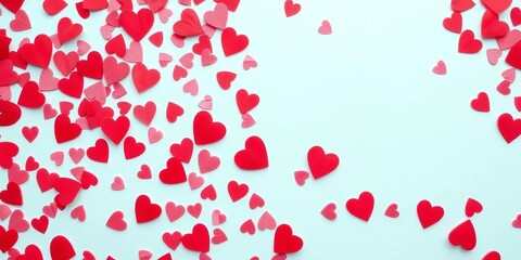 Scattered red, pink heart confetti frame on white, holiday, border