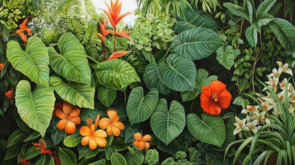 Lush, detailed painting showcasing bright green tropical plants in a lively dense jungle setting