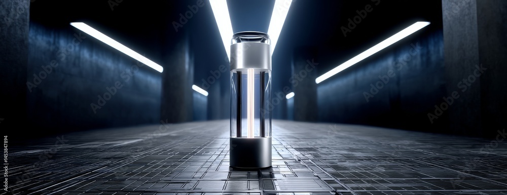 Poster futuristic quantum computer with glowing internals in industrial tech room, dark metallic surfaces a