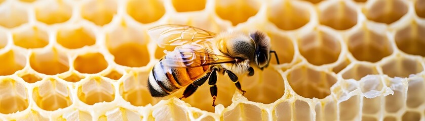 Honeycomb with bee in close-up view.
