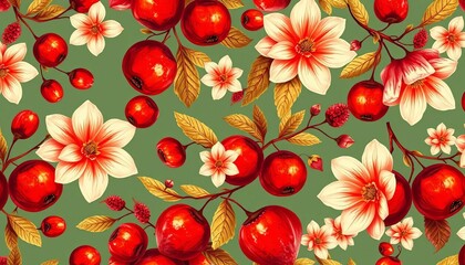 Seamless autumnal pattern featuring red and white fruits and flowers in a vintage style, poppies, autumn