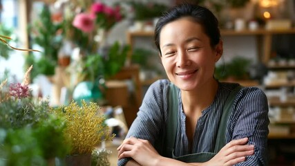 A plant shop owner surrounded by a vibrant array of lush greenery and colorful blooms.