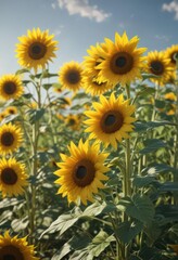 Obraz premium Vibrant yellow sunflowers in full bloom, sunny day , warm, stems, golden hour