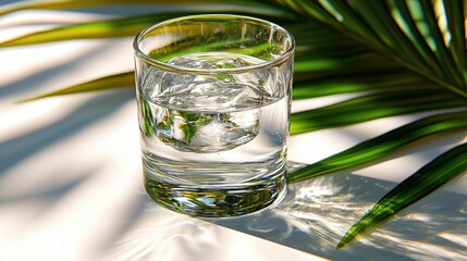 Minimalist arrangement of a glass of water next to a fresh green palm leaf on a clean white background