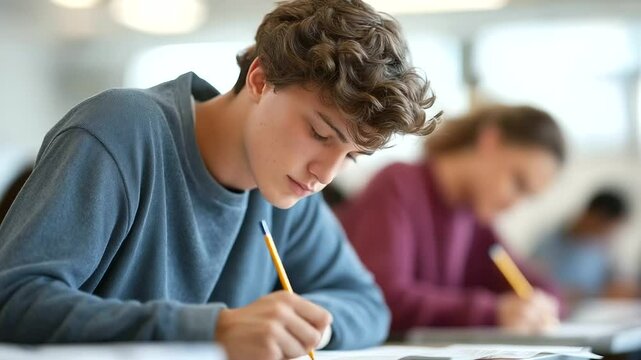 Students concentrating in a silent high school exam setting.