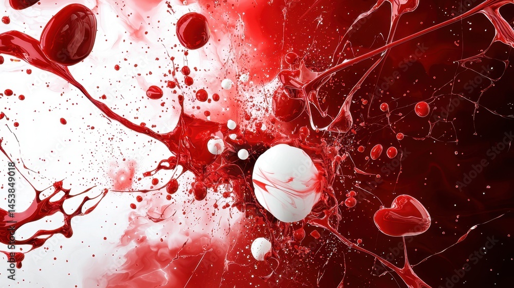 Poster minimalist red and white abstract background with bold random paint splatters and splashes