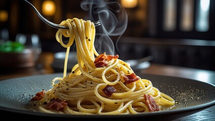 Delicious spaghetti carbonara recipe with bacon and parmesan cheese italian dish