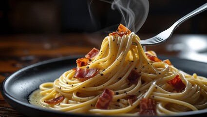 Delicious carbonara pasta with bacon and fork ready to eat italian food recipe