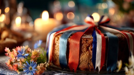 Traditional Slovenian potica cake with festive ribbons, glowing candlelight, alpine wildflowers; celebrating national pride and heritage.
