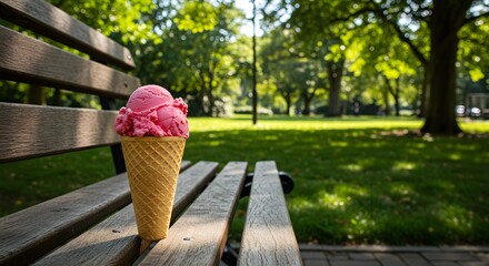 A Refreshing Treat in the Park: Pink Ice Cream Cone on a Wooden Bench Amidst Lush Greenery