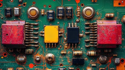 Intricate circuit board design featuring various colored switches creating a complex and technologically advanced appearance