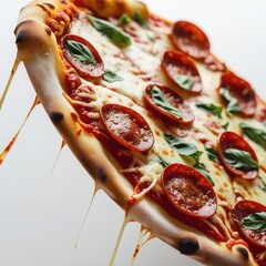 Delicious pepperoni pizza with fresh basil and melted cheese perfect for dinner time