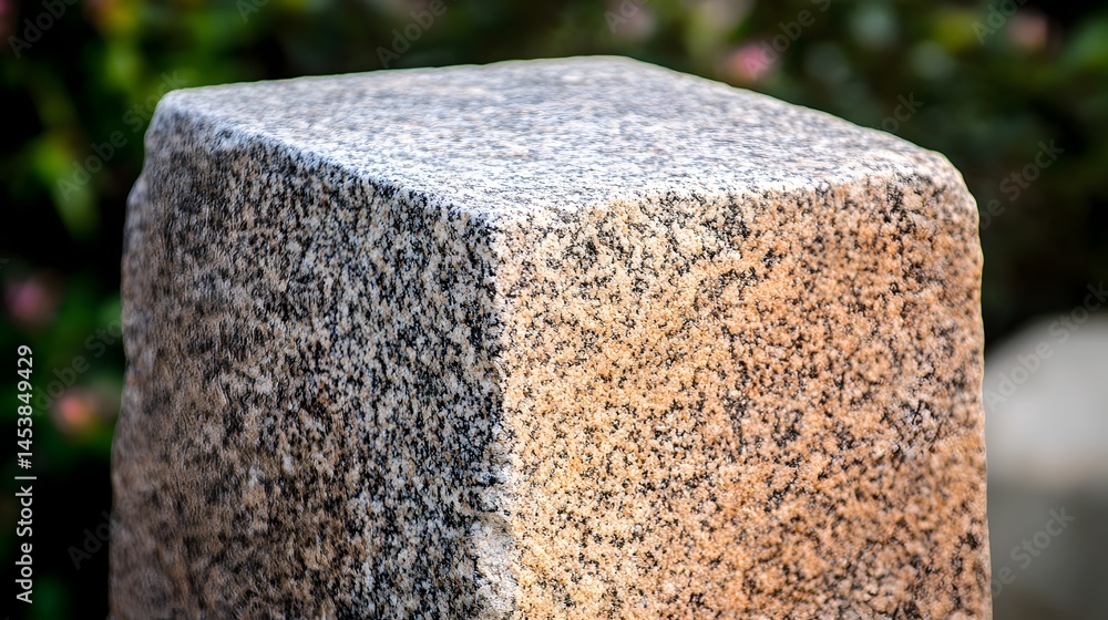 Poster close-up view of a weathered, rectangular stone pillar.