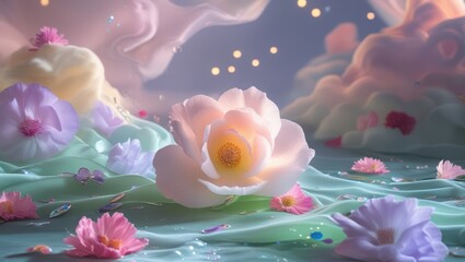 Pastel floral dreamscape wallpaper background with soft flowers and dreamy clouds
