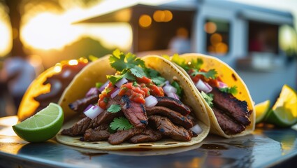 Delicious street tacos with grilled steak, salsa, cilantro and lime for food photography