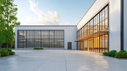 Modern industrial warehouse exterior with wide loading doors and large windows, clear sky