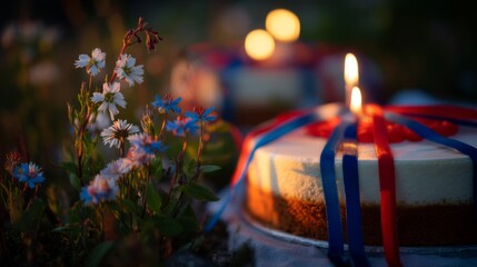 Traditional Slovenian potica cake with festive ribbons, glowing candlelight, alpine wildflowers; celebrating national pride and heritage.
