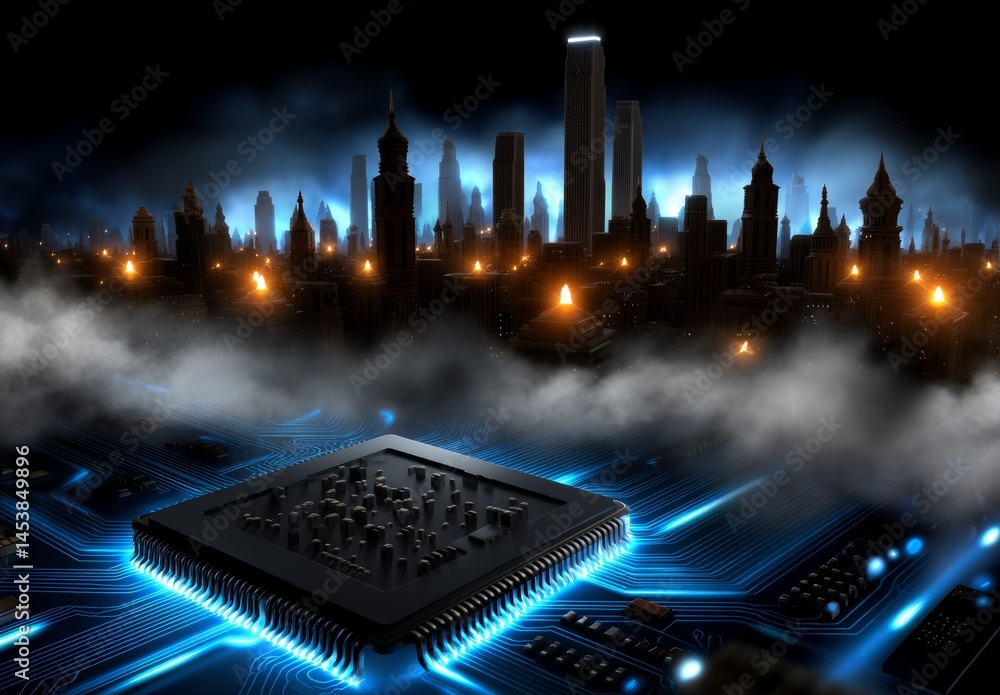 Aufkleber futuristic cloud computing platform with circuit board cityscape, glowing blue data streams and neon