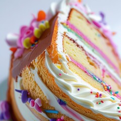 Delicious slice of layered birthday cake with frosting and sprinkles close up view