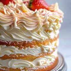 Delicious strawberry cake with vanilla buttercream frosting recipe close up view