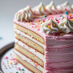 Delicious pink layer cake with buttercream frosting and colorful sprinkles dessert