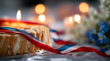 Traditional Slovenian potica cake with festive ribbons, glowing candlelight, alpine wildflowers; celebrating national pride and heritage.
