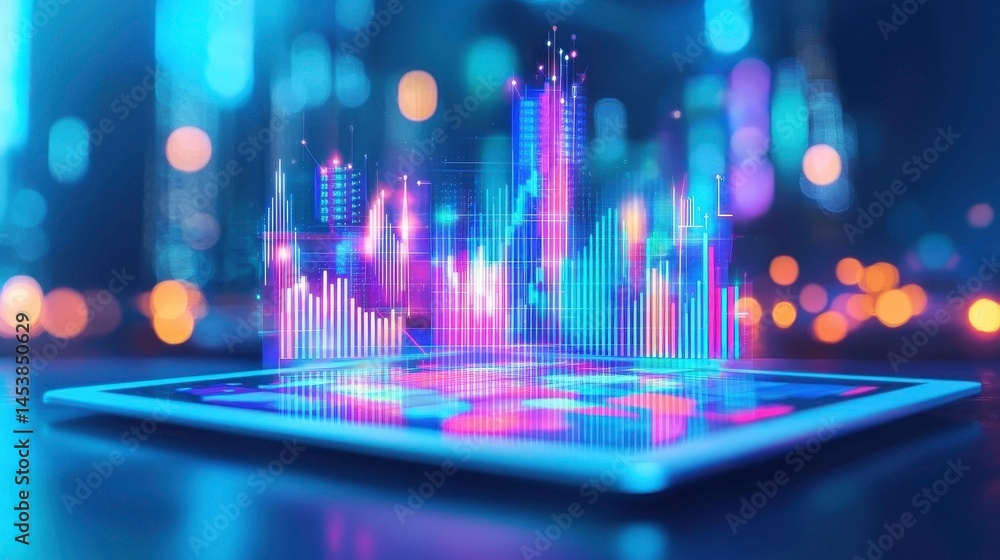 Poster digital tablet displaying futuristic stock market data and financial analysis chart