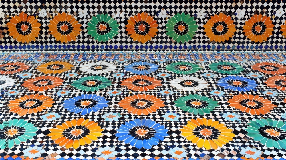 Poster beautifully designed tiled floor adorned with floral patterns creating a rich and intricate decorati