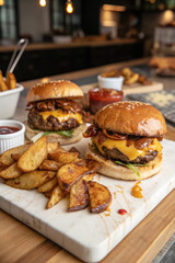 Cheeseburger with Roasted Potatoes on Wooden Board
