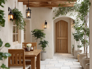 Country-style entrance and patio with canopy, table in light wood fixtures. Wrought iron lamps and sconces and many green plants.