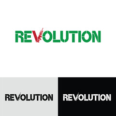 Revolution modern typography logo design. Bold typography logo featuring revolution and weapon. A striking logo design featuring the word revolution in a bold, stylized font.