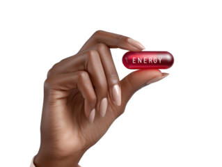 Close up of a hand of a black woman holding a red drug pill with ‘Energy’ written on it. Transparent background. 