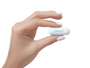 Close up of a hand of a woman holding a white drug pill with ‘Energy’ written on it. Transparent background. 