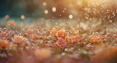Explore dreamy floral garden with water droplets and bokeh lights background art