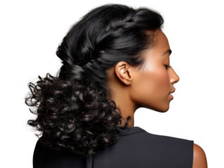 View from behind of the profile of an African American woman with wavy black hair pulled back into a ponytail. Transparent background.
