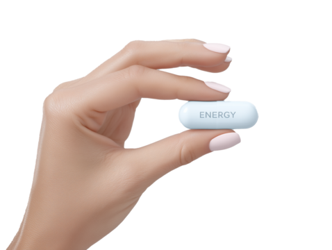 Close up of a hand of a woman holding a white drug pill with ‘Energy’ written on it. Transparent background. 