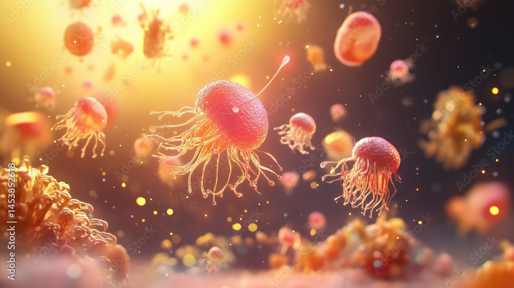 Poster abstract floating biological forms in a glowing microscopic universe, with delicate fibers and membr