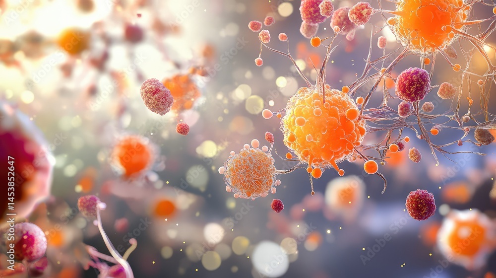 Poster abstract floating biological forms in a glowing microscopic universe, with delicate fibers and membr