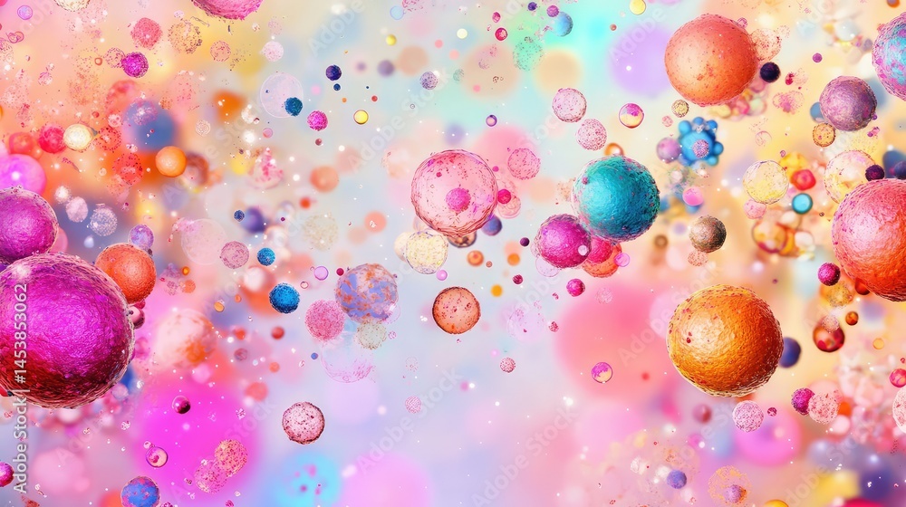 Poster artistic microscopic scene of complex living cells pulsating with soft light and floating freely thr