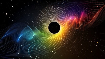 Tricolor beam fx hitting wireframe wave in luminous cosmic space digital art environment