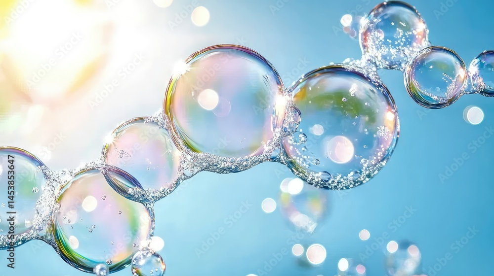 Poster clear macro image of numerous tiny bubbles drifting through pristine blue water, evoking themes of v