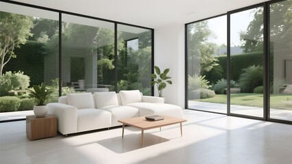 An airy and bright living room features expansive windows, a large white sectional sofa, and modern decor, creating a serene and sophisticated ambiance